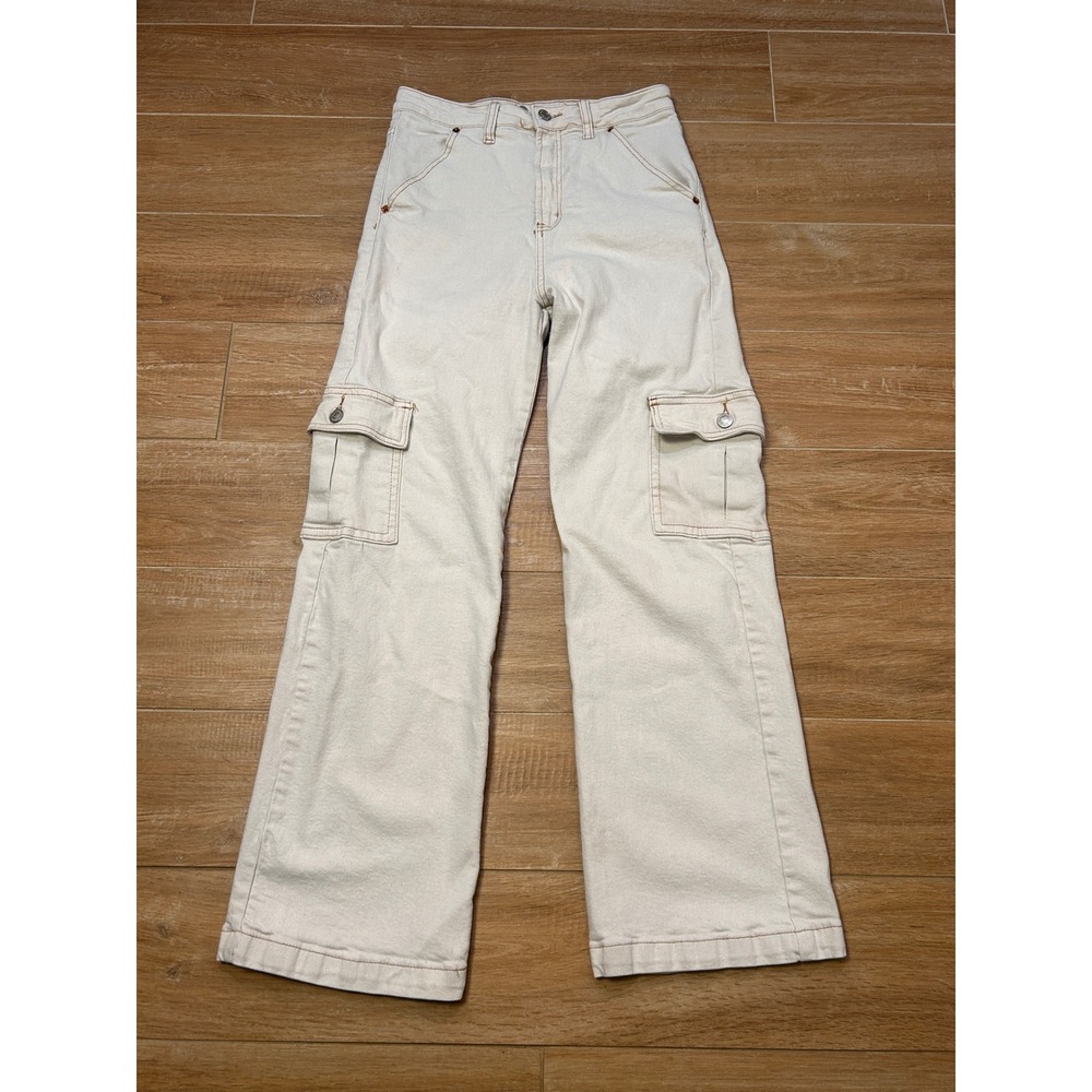 SONG Cargo Street Jean Off White Wide‎ Leg Utility Pants Womens 9/29 Cream Denim